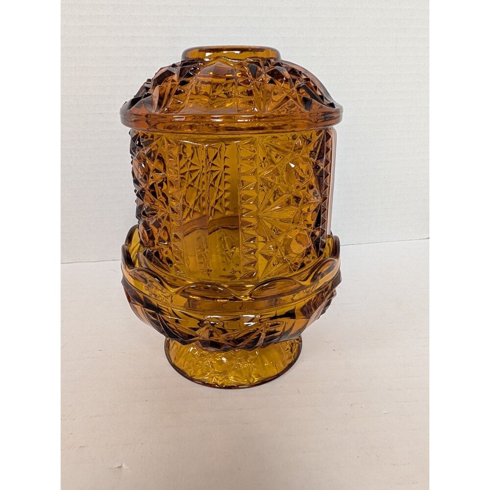 Vintage Indiana Amber Glass Large Fairy Lamp Stars & Bars 1970’s